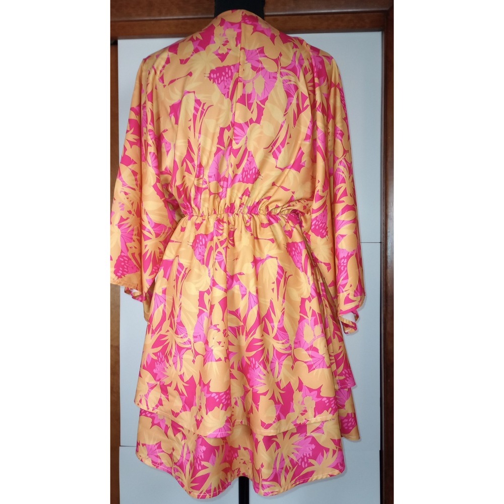 Pink Orange Floral Kimono V-Neck Flared Sleeve Mini Dress Boho Party Medium - Picture 2 of 4